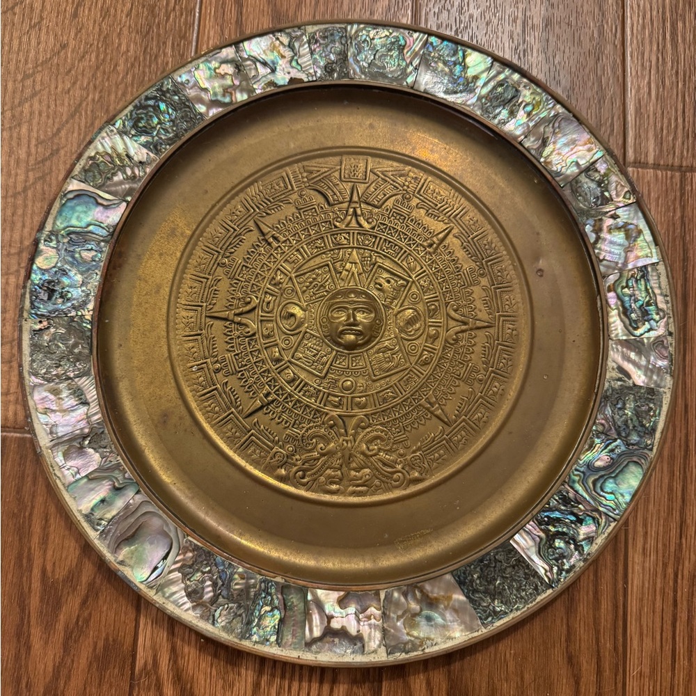 Vintage Aztec Calendar Brass Plate with Abalone Shell Inlay